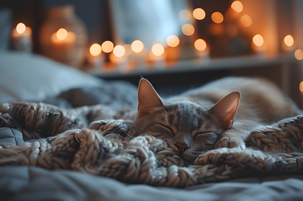 A cozy, stylish cat bed placed in a beautifully decorated living room with a content cat curled up inside.