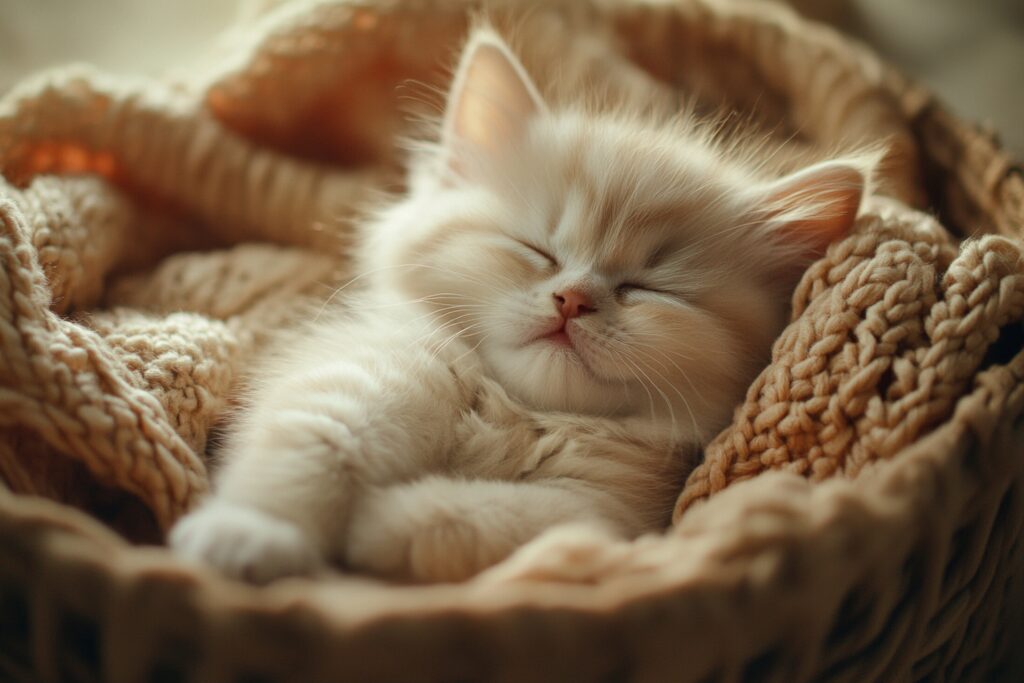 A cat curled up peacefully asleep on a cozy bed.