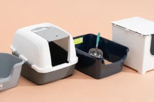 Covered and open cat litter boxes side by side