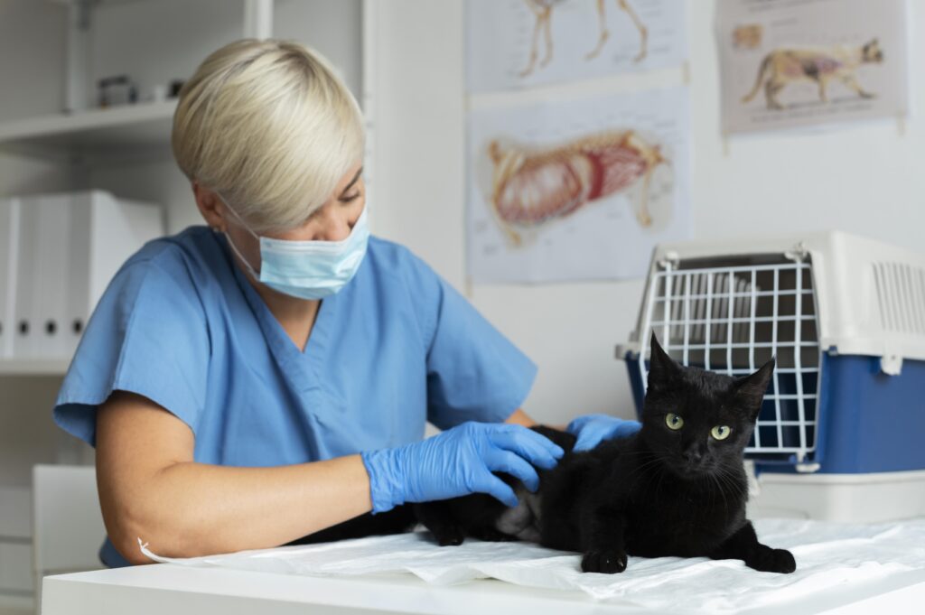 A calm cat being examined by a veterinarian during a routine check-up.