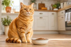 Ginger cat sitting beside a small food bowl