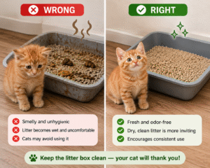 Infographic comparing a dirty and a clean kitten litter tray