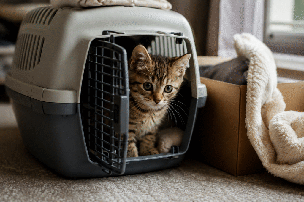kitten peeking out of a carrier on their first day home