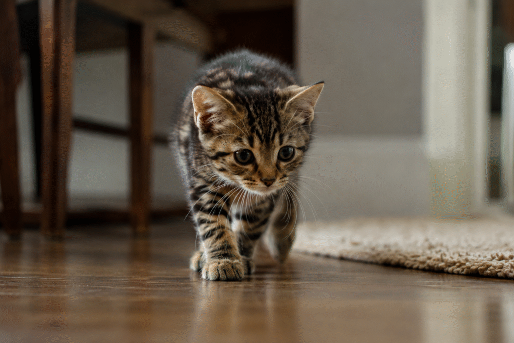 kitten exploring cautiously in the first week of kitten care