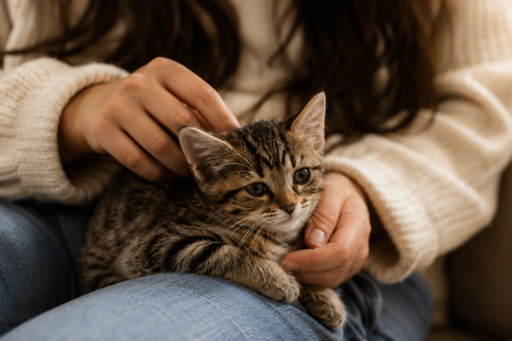 gently handling a kitten as part of first week kitten care