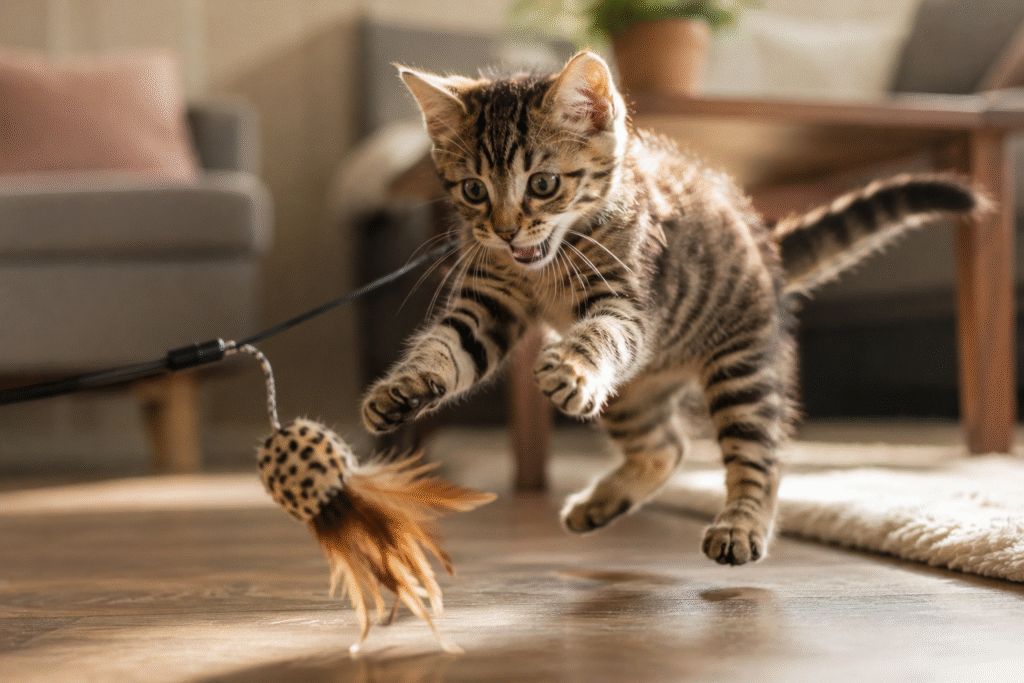 kitten playing with a toy during their first week at home