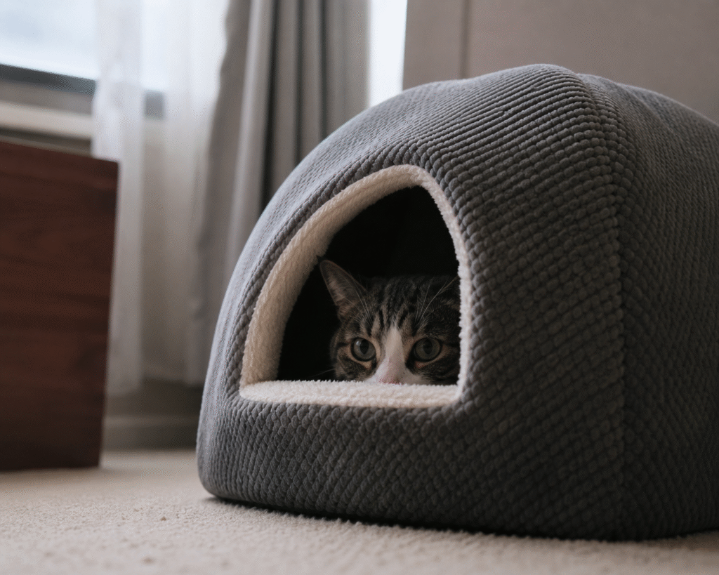 rescue cat peeking out of a hideaway bed on their first day home