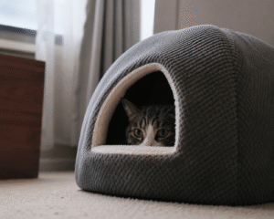 Cat peeking out from a grey cave-style cat bed on a carpet