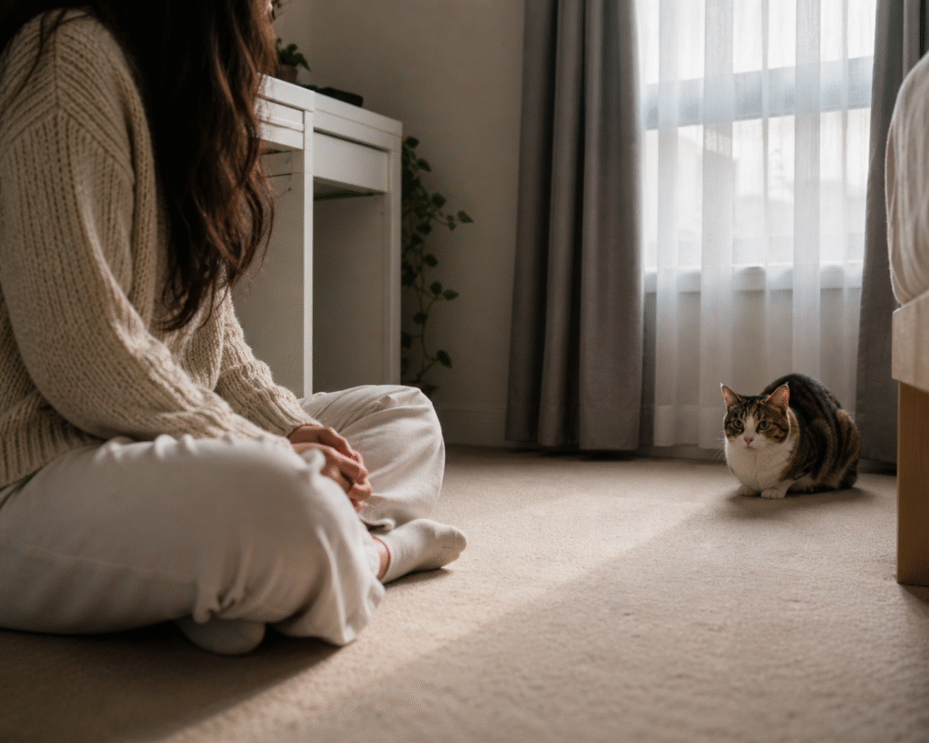 person sitting calmly while a rescue cat watches from a distance