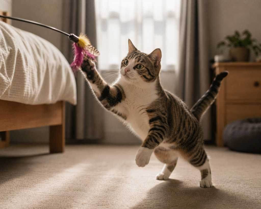 rescue cat playing with a toy, more relaxed after settling in