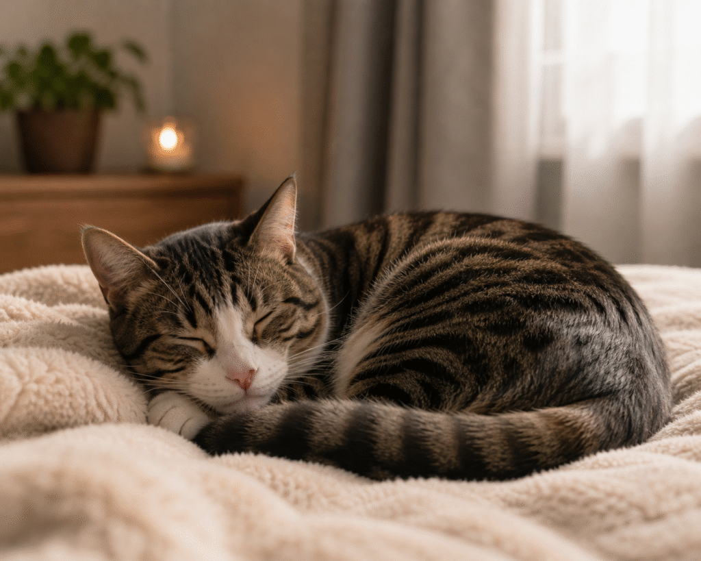 settled rescue cat curled up comfortably in their new home