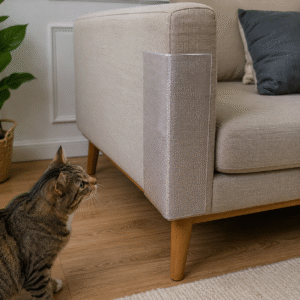Tabby cat next to a sofa with a clear scratch guard