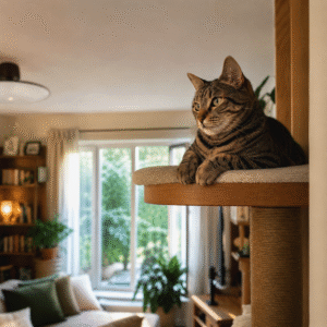 Tabby cat perched on a scratching post in a bright living room