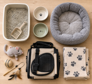 New kitten essentials: litter tray, bowls, bed, carrier and toys