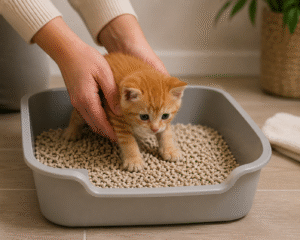 Owner placing a kitten in a litter tray