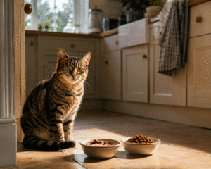Tabby cat waiting beside its food bowls in the kitchen