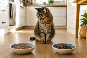 Tabby cat sitting between wet and dry food bowls