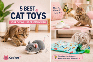 Cat playing with toy mouse, butterfly and kicker toys