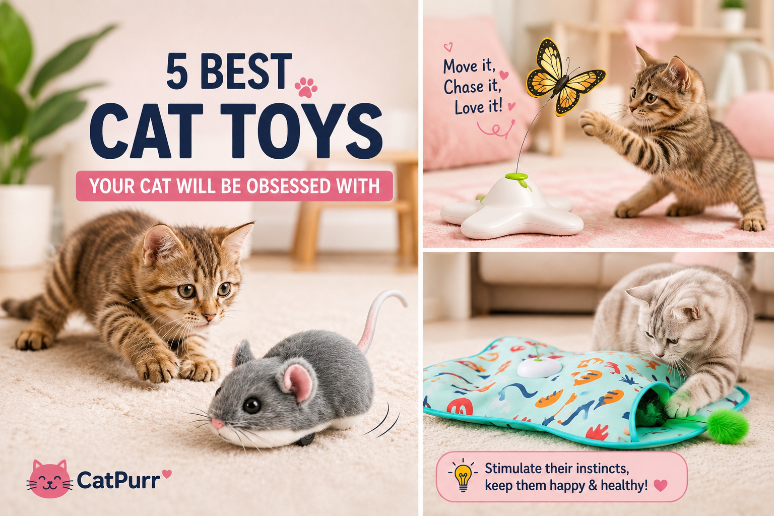 Cat playing with toy mouse, butterfly and kicker toys