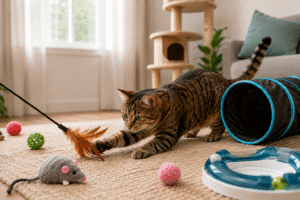 Tabby cat playing with a tunnel, wand toy and track ball