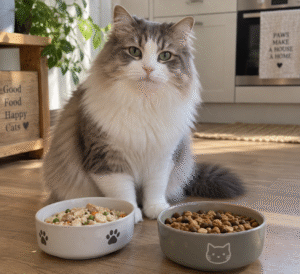 Long-haired cat sitting beside wet and dry food bowls