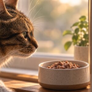 Cat looking at a bowl of food by a window