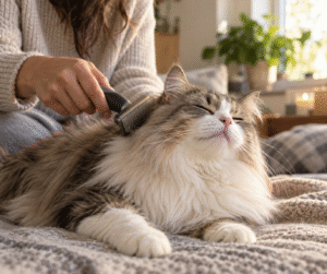Long-haired cat enjoying being brushed