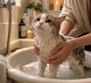 Tabby and white cat being gently bathed in a basin