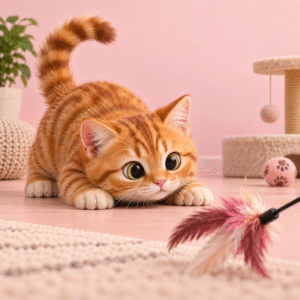 Ginger cat crouched, ready to pounce on a feather toy