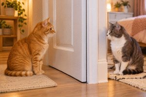 Ginger cat watching a grey and white cat through a doorway