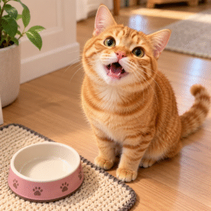 Ginger cat meowing beside an empty food bowl because it is hungry