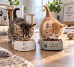 Two kittens eating from separate food bowls