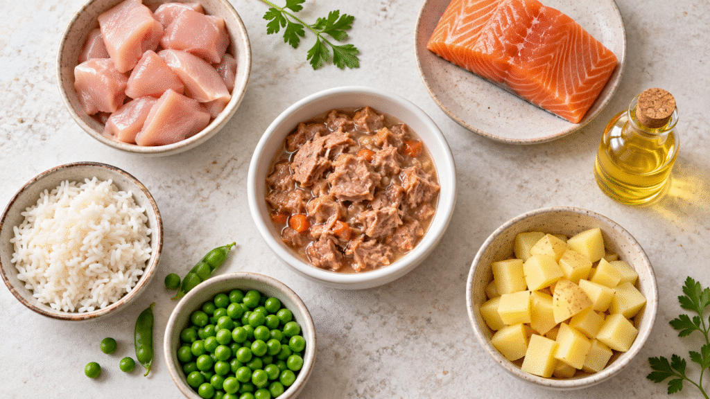 Bowls of cat food ingredients including chicken, salmon, rice, peas and potato