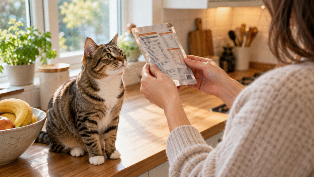 Cat owner reading the label on a cat food pouch while a tabby cat watches