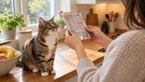 Cat owner reading the label on a cat food pouch while a tabby cat watches