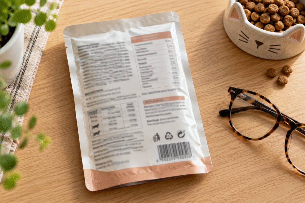 Back of a cat food pouch showing the ingredients and analysis label