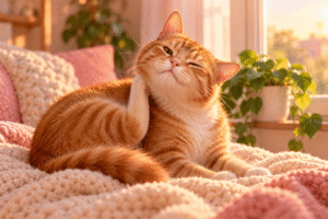Ginger cat scratching behind its ear, a common sign of a cat food allergy