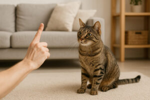 Tabby cat looking up at its owner during recall training