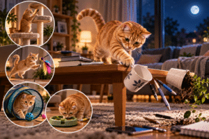 Ginger cat knocking a mug and plant off a coffee table at night, with smaller images of the cat climbing, playing with a feather toy, in a tunnel and at a puzzle feeder