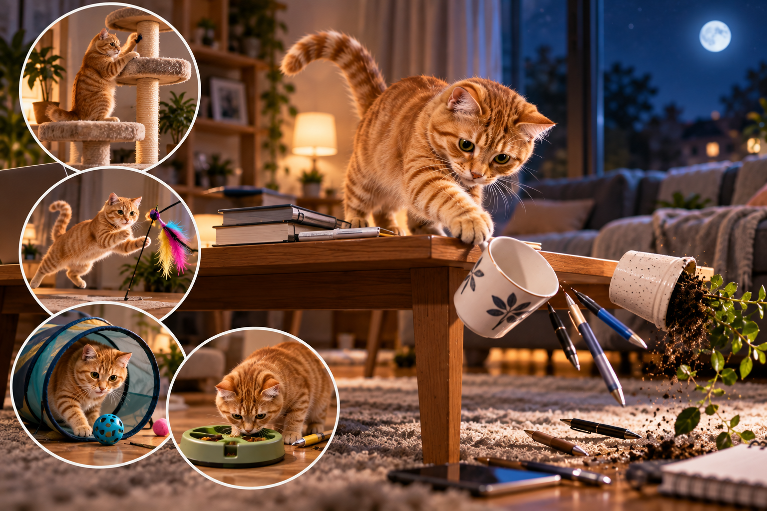 Ginger cat knocking a mug and plant off a coffee table at night, with smaller images of the cat climbing, playing with a feather toy, in a tunnel and at a puzzle feeder