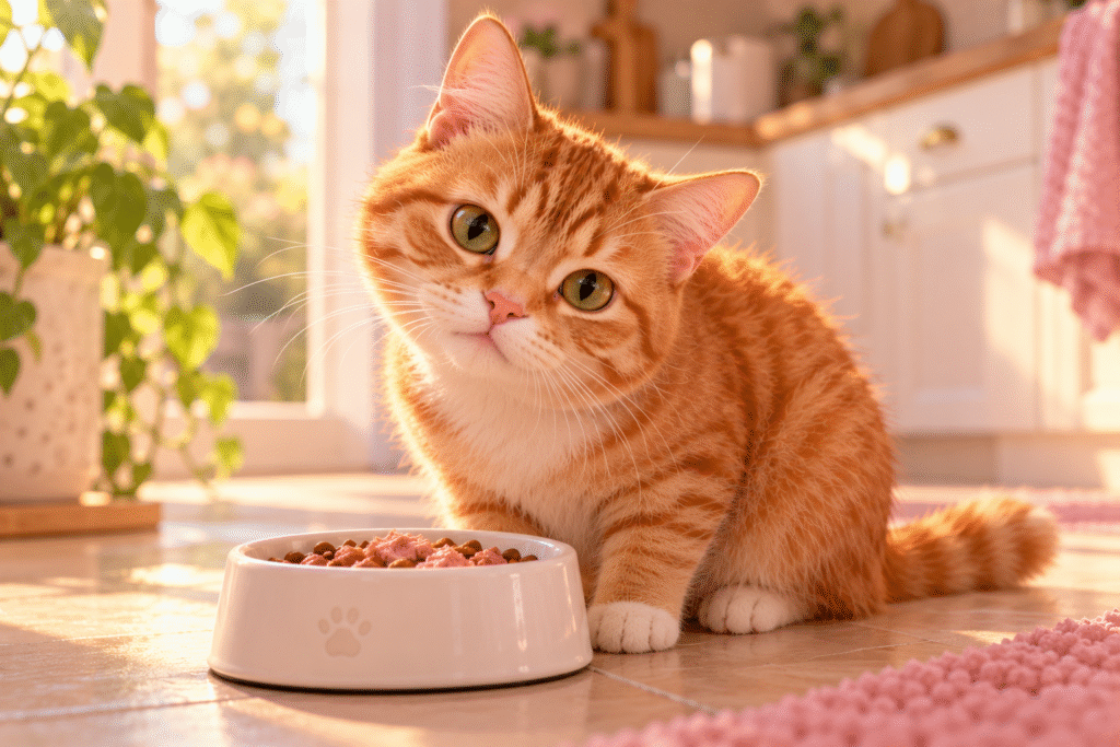 Owner checking a cat's food label while planning what to do about allergy signs